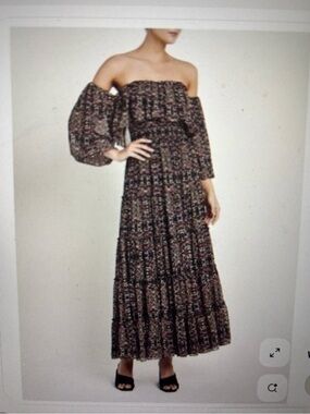 Misa Los Angeles Black Floral Off-Shoulder Puff Sleeve Tiered Maxi